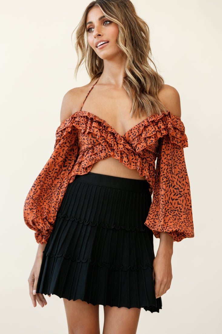 Rosarito Long Balloon Sleeve Halterneck Crop Top Leaf Print Tan by Selfie Leslie
