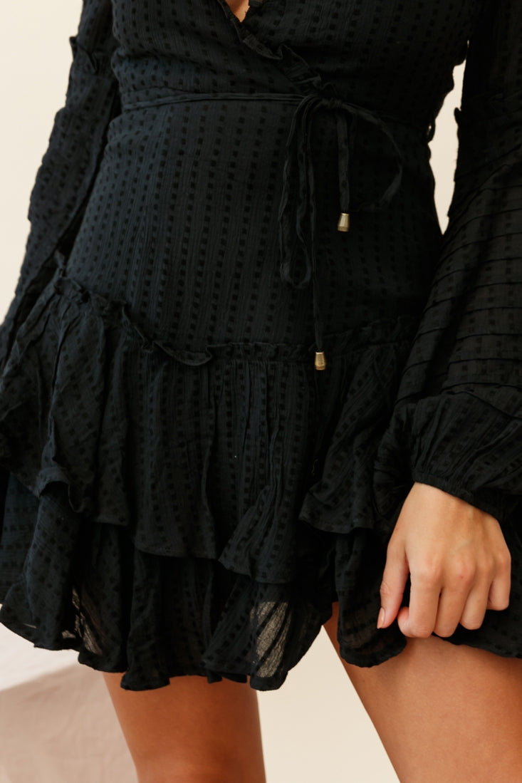 Neve Balloon Sleeve Layered Ruffle Hem Dress Black by Selfie Leslie