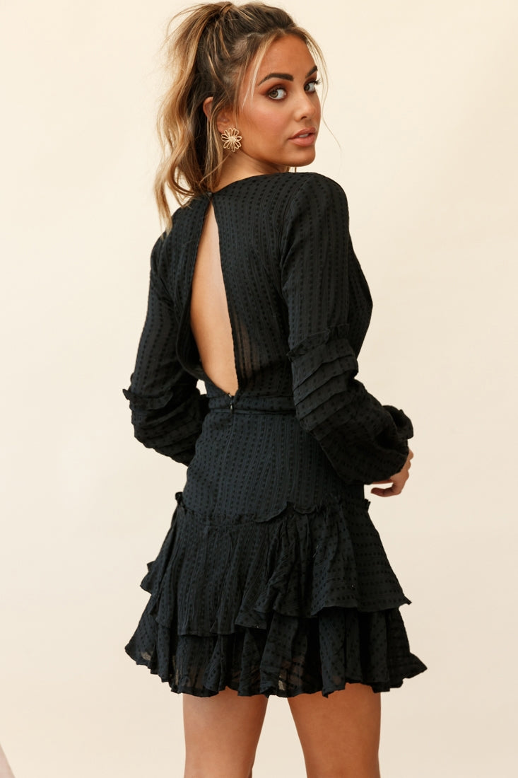 Neve Balloon Sleeve Layered Ruffle Hem Dress Black by Selfie Leslie