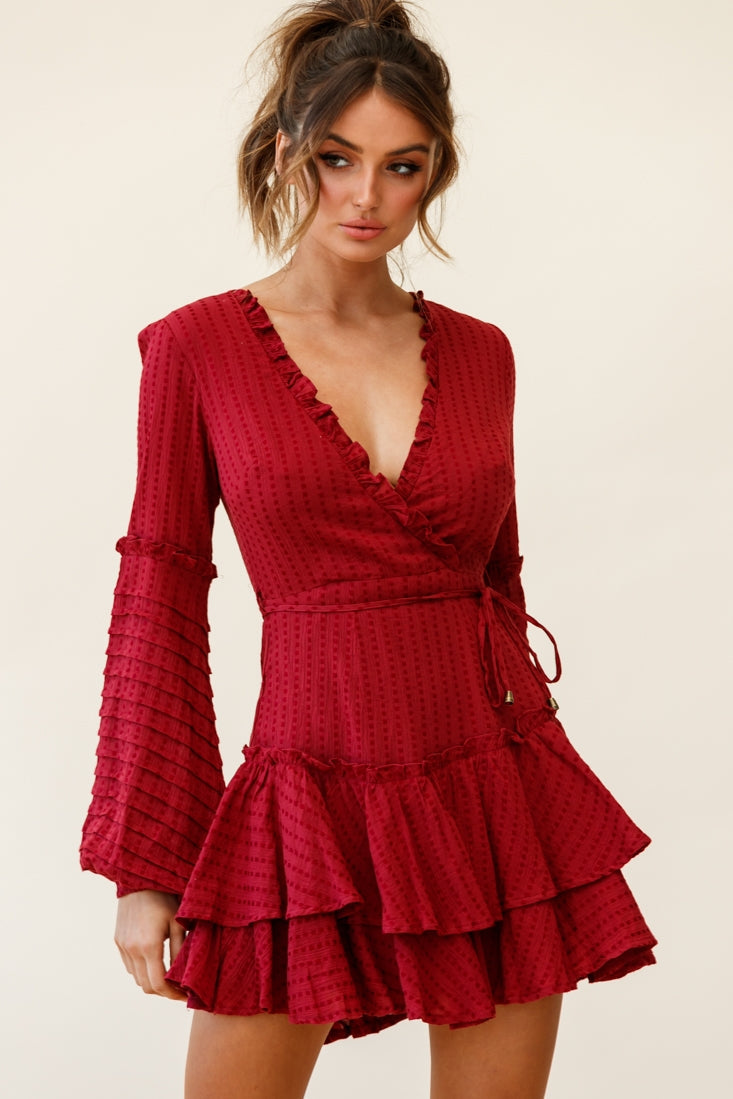 Neve Balloon Sleeve Layered Ruffle Hem Dress Wine by Selfie Leslie