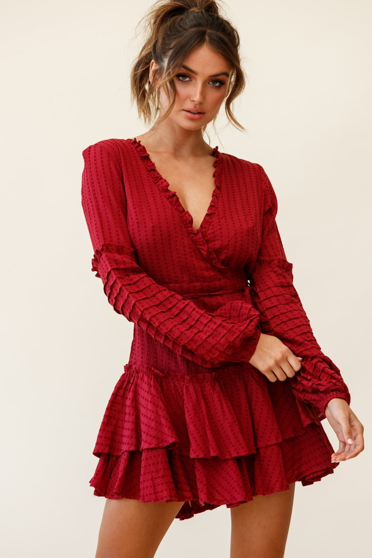 Neve Balloon Sleeve Layered Ruffle Hem Dress Wine by Selfie Leslie