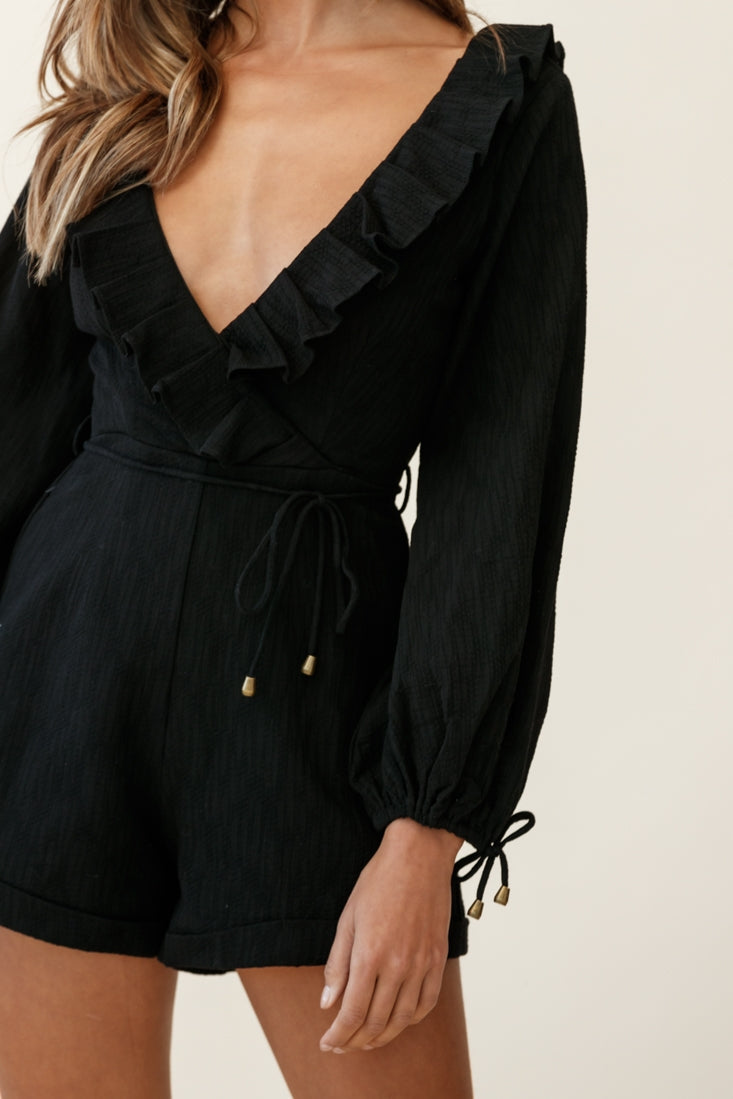 Tegan Long Sleeve Ruffle Neckline Romper Black by Selfie Leslie