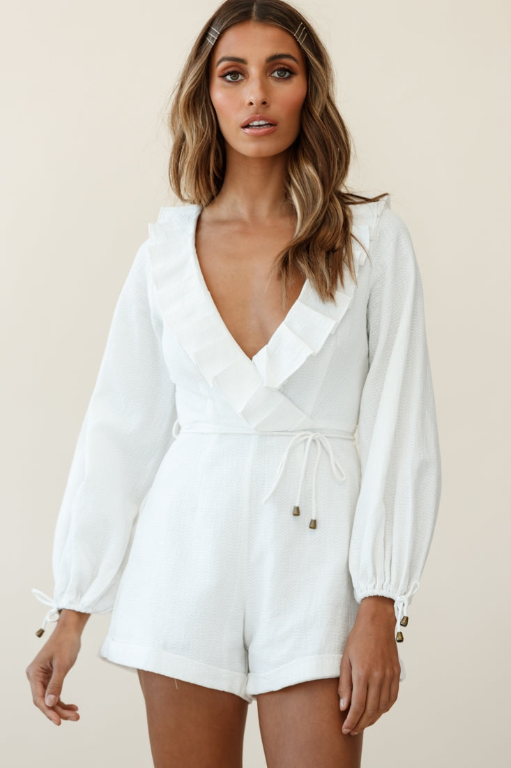 Tegan Long Sleeve Ruffle Neckline Romper White by Selfie Leslie