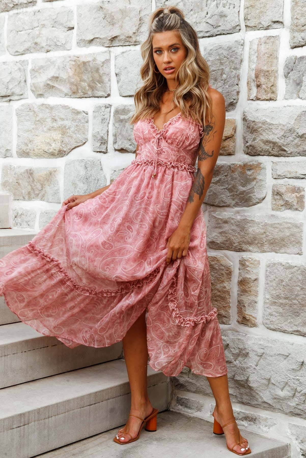 Anyah Frill Detail Tie Back Maxi Dress Paisley Print Pink by Selfie Leslie