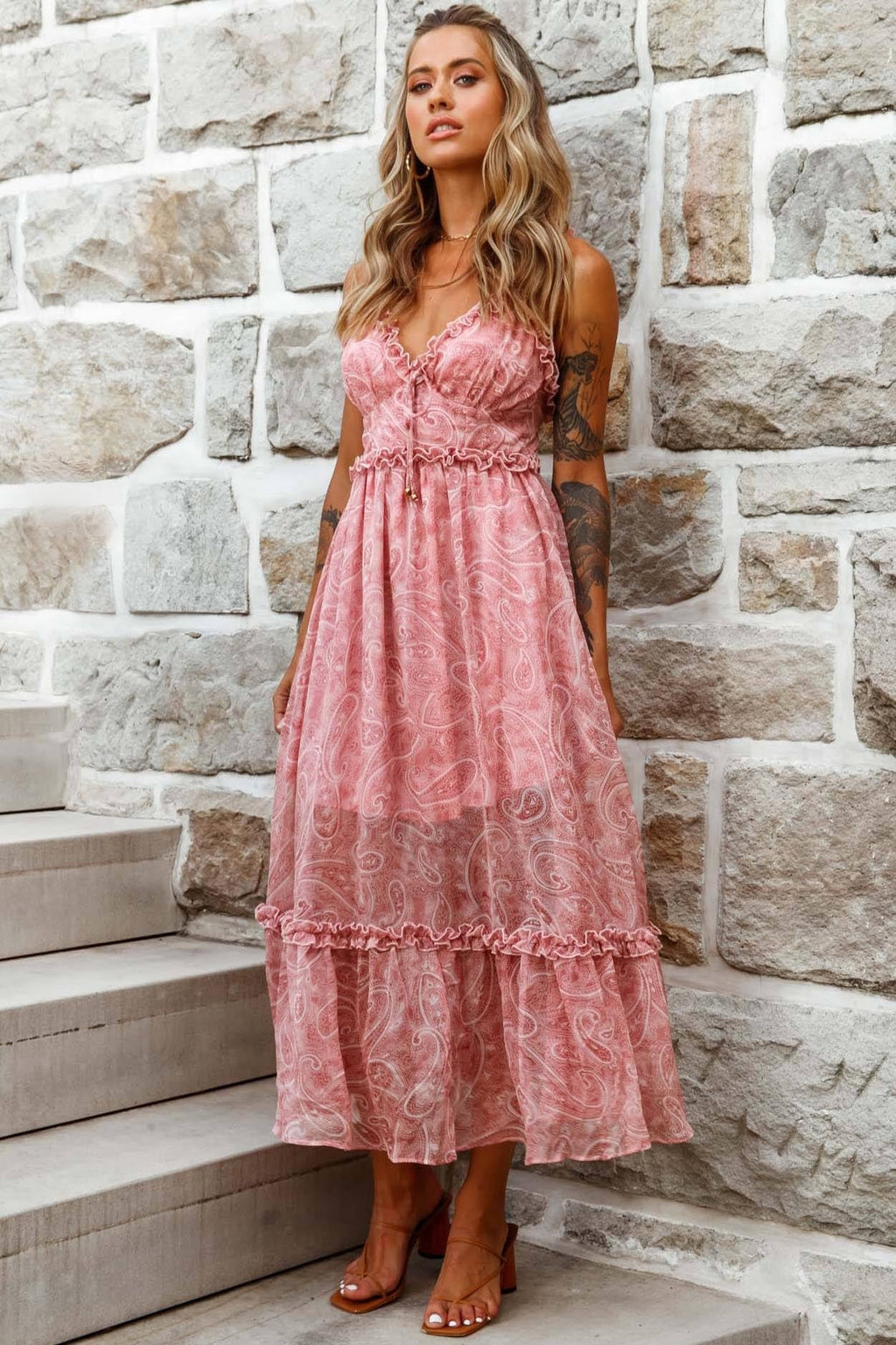 Anyah Frill Detail Tie Back Maxi Dress Paisley Print Pink by Selfie Leslie