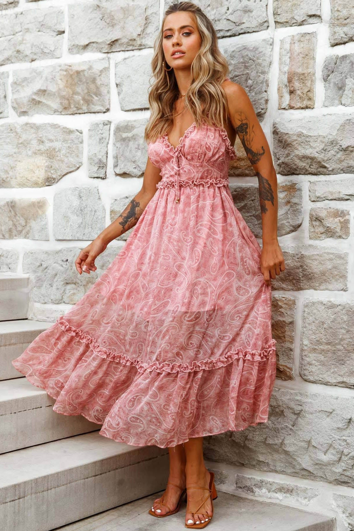Anyah Frill Detail Tie Back Maxi Dress Paisley Print Pink by Selfie Leslie