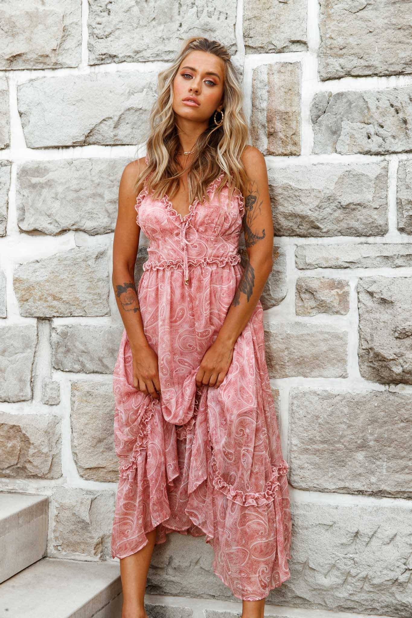 Anyah Frill Detail Tie Back Maxi Dress Paisley Print Pink by Selfie Leslie