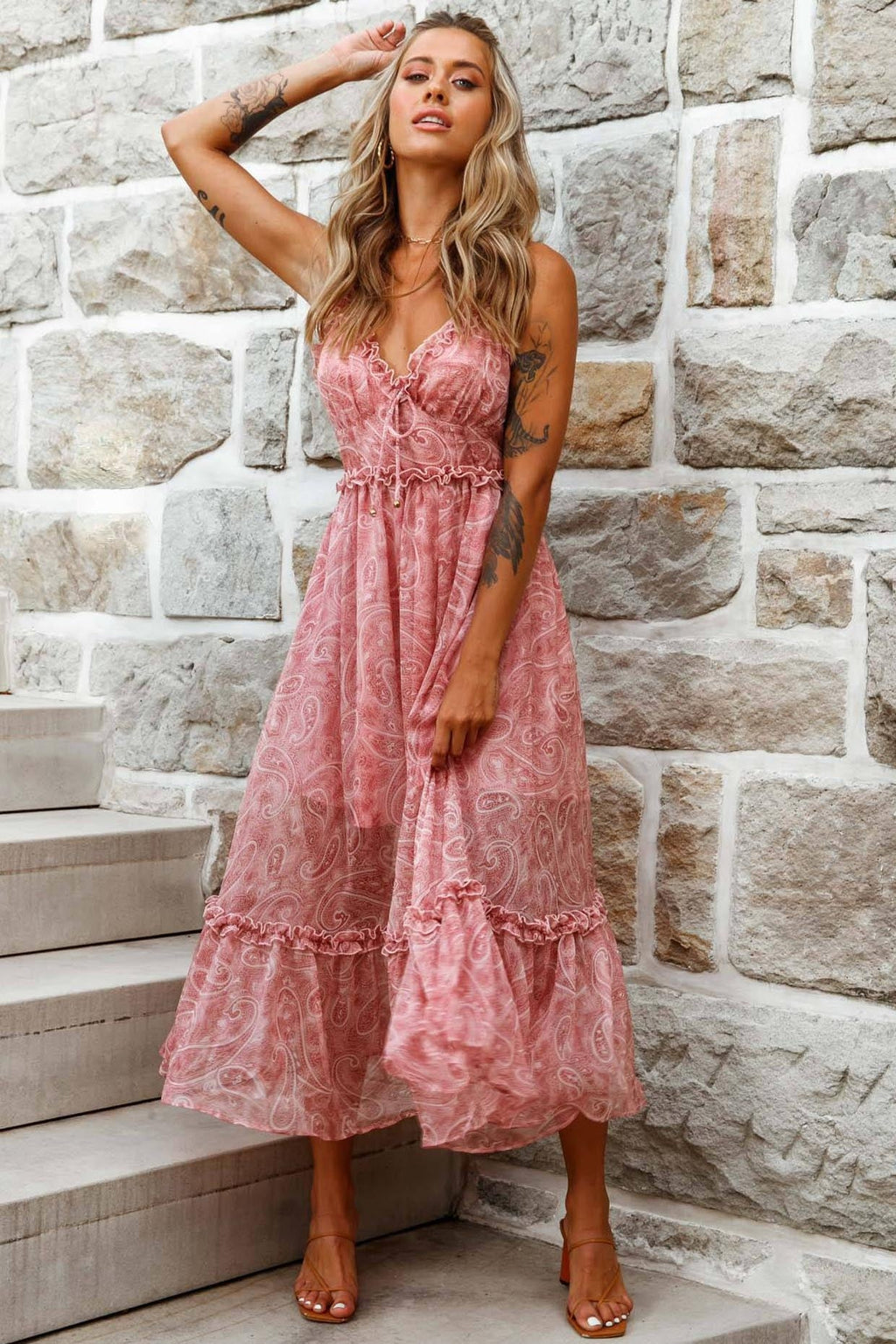 Anyah Frill Detail Tie Back Maxi Dress Paisley Print Pink by Selfie Leslie