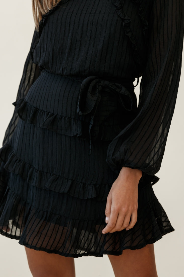 Dusk Long Sleeve Waist Tie Frill Dress Sheer Stripe Black by Selfie Leslie