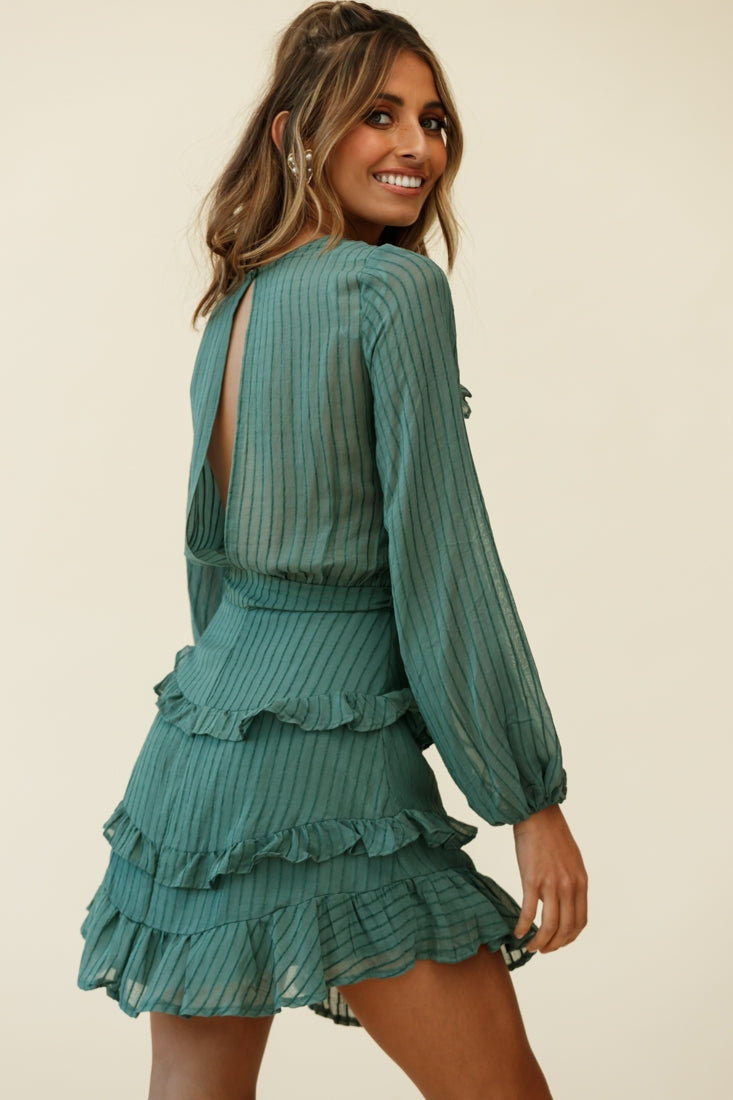 Dusk Long Sleeve Waist Tie Frill Dress Thin Stripe Green by Selfie Leslie