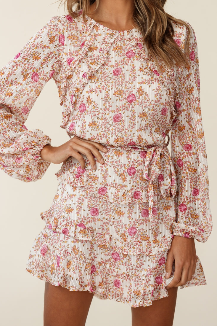 Dusk Long Sleeve Waist Tie Frill Dress Floral Print Beige by Selfie Leslie
