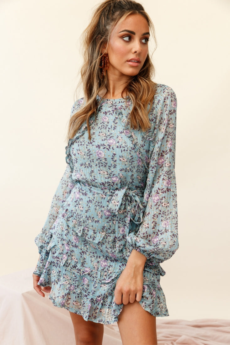 Dusk Long Sleeve Waist Tie Frill Dress Floral Print Midnight Blue by Selfie Leslie