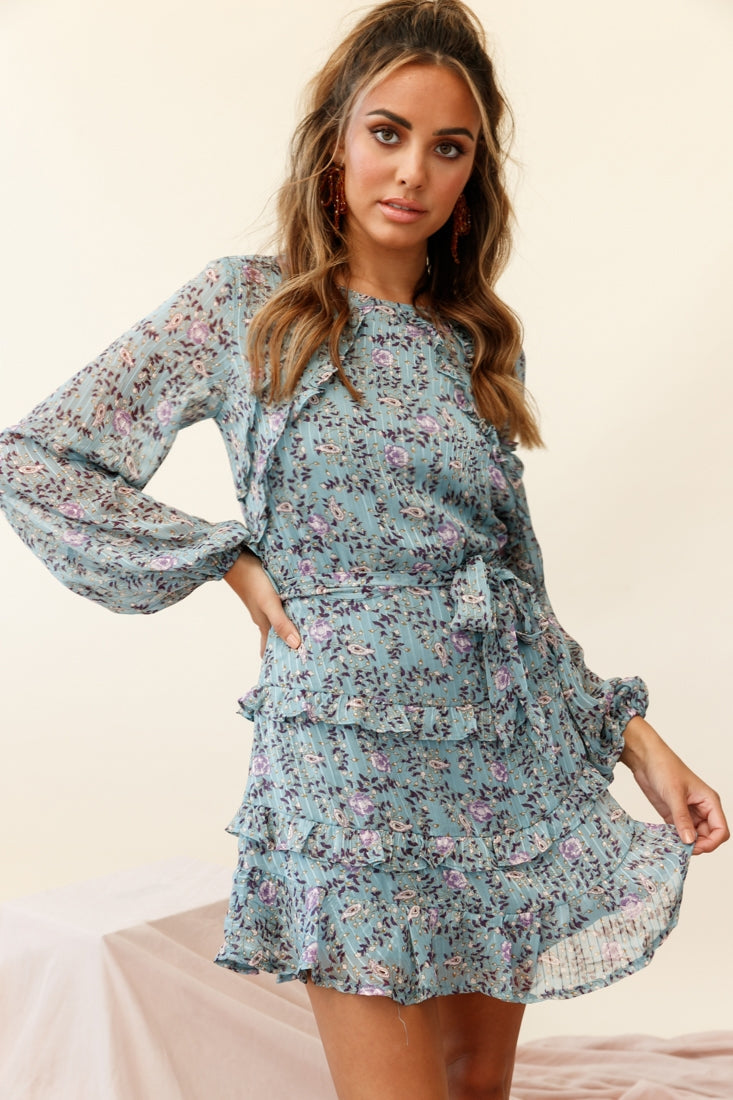 Dusk Long Sleeve Waist Tie Frill Dress Floral Print Midnight Blue by Selfie Leslie
