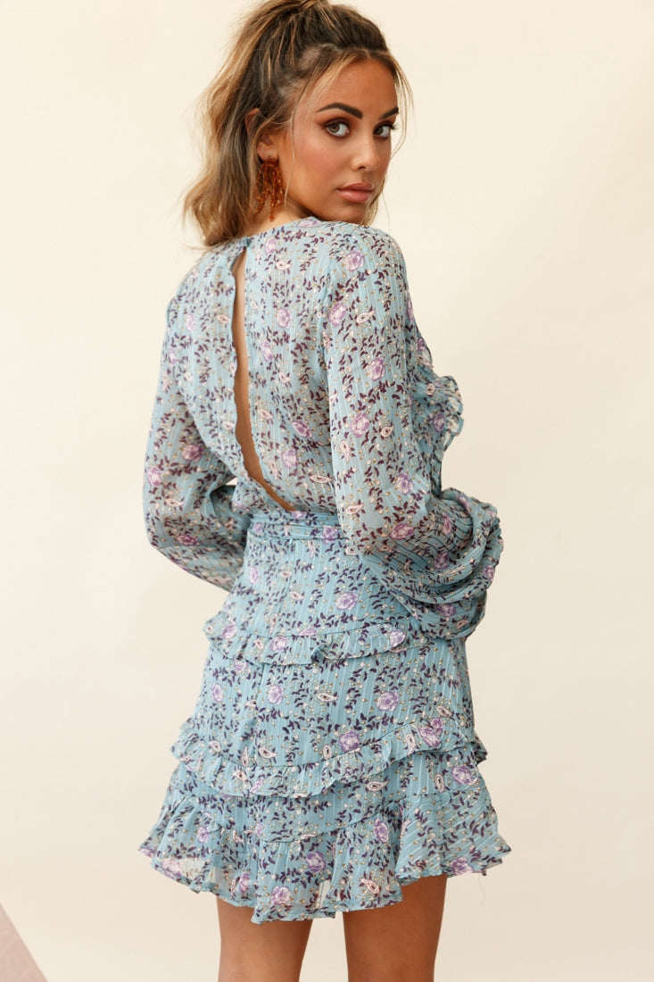 Dusk Long Sleeve Waist Tie Frill Dress Floral Print Midnight Blue by Selfie Leslie
