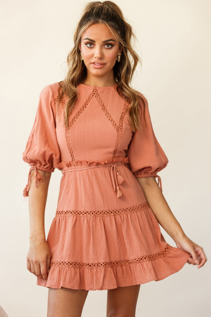 Antonia Half Puff Sleeve Crochet Detail Dress Rose by Selfie Leslie