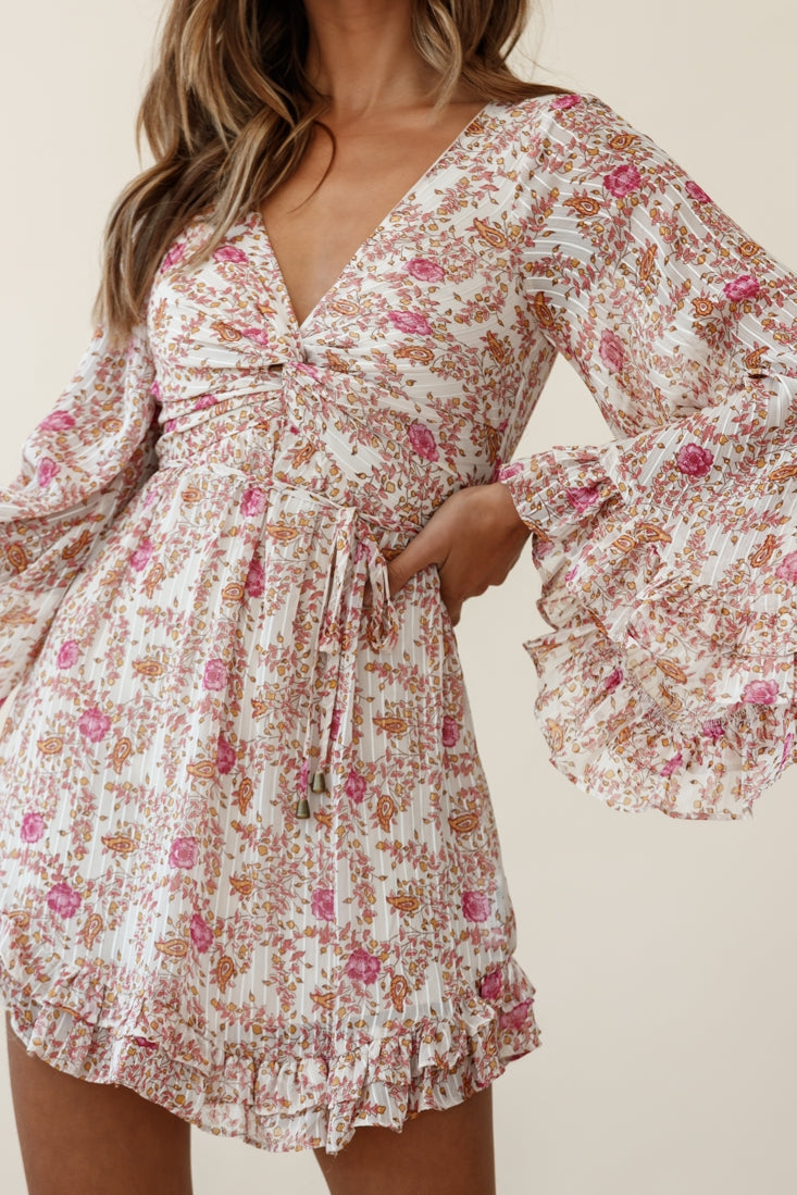 Perri Bell Sleeve Twist Knot Bust Dress Paisley Print Beige by Selfie Leslie