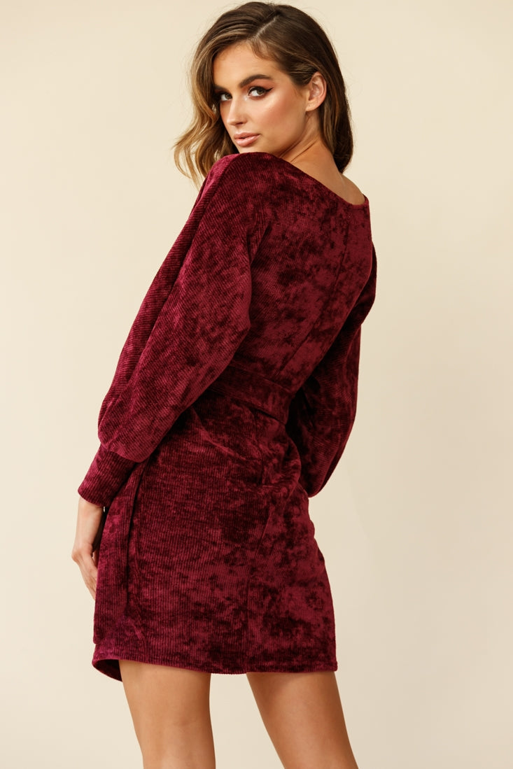 Isolde Ribbed Velour Wrap Dress Plum by Selfie Leslie