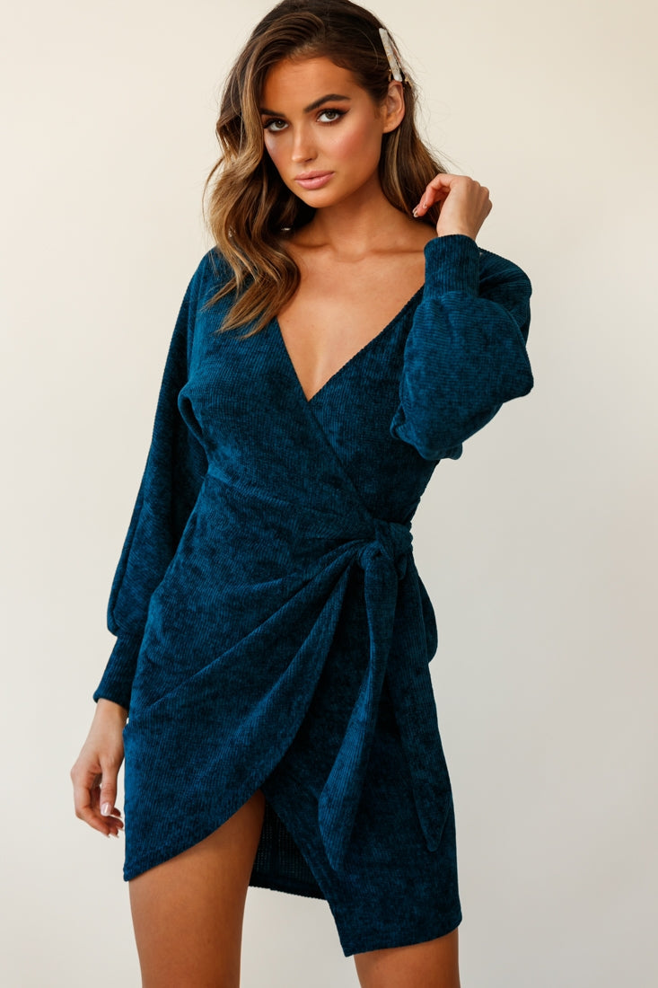 Isolde Ribbed Velour Wrap Dress Teal by Selfie Leslie