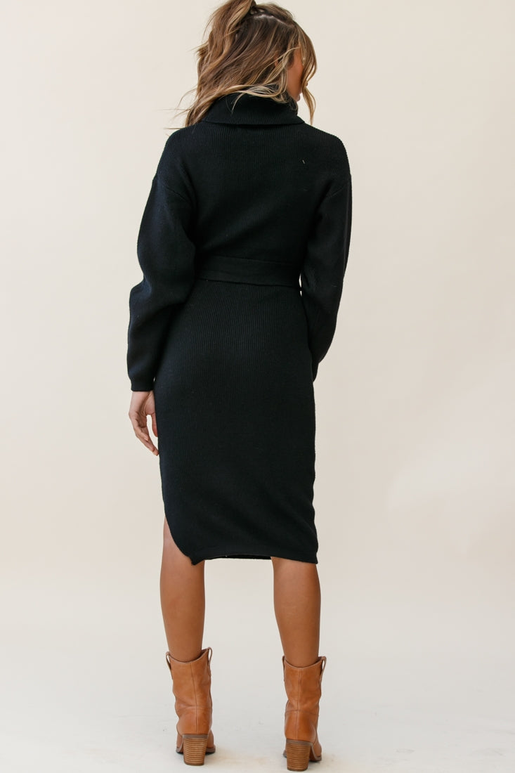 Marco Long Sleeve Turtleneck Knit Midi Dress Black by Selfie Leslie