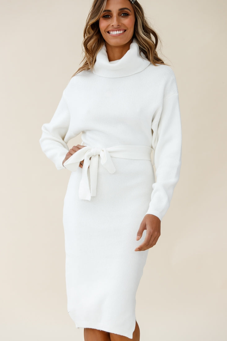 Marco Long Sleeve Turtleneck Knit Midi Dress White by Selfie Leslie