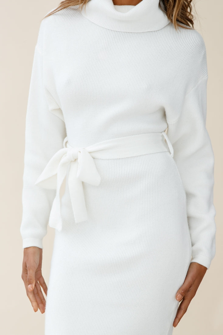 Marco Long Sleeve Turtleneck Knit Midi Dress White by Selfie Leslie