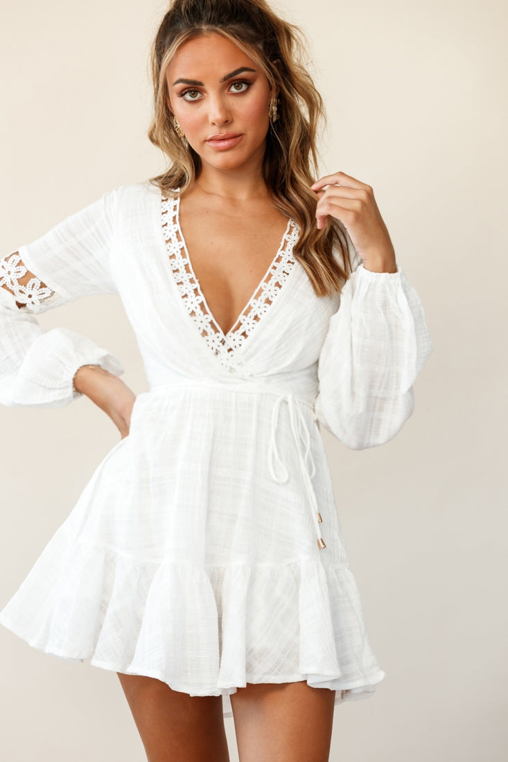 Chloe Long Balloon Sleeve Lace-Up Back Dress White by Selfie Leslie