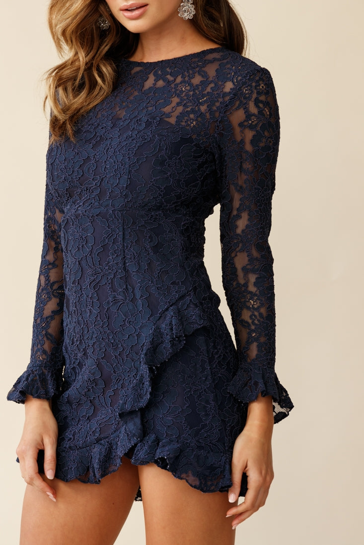 Tilly Lace Overlay Ruffle Trimmed Back Dress Navy by Selfie Leslie