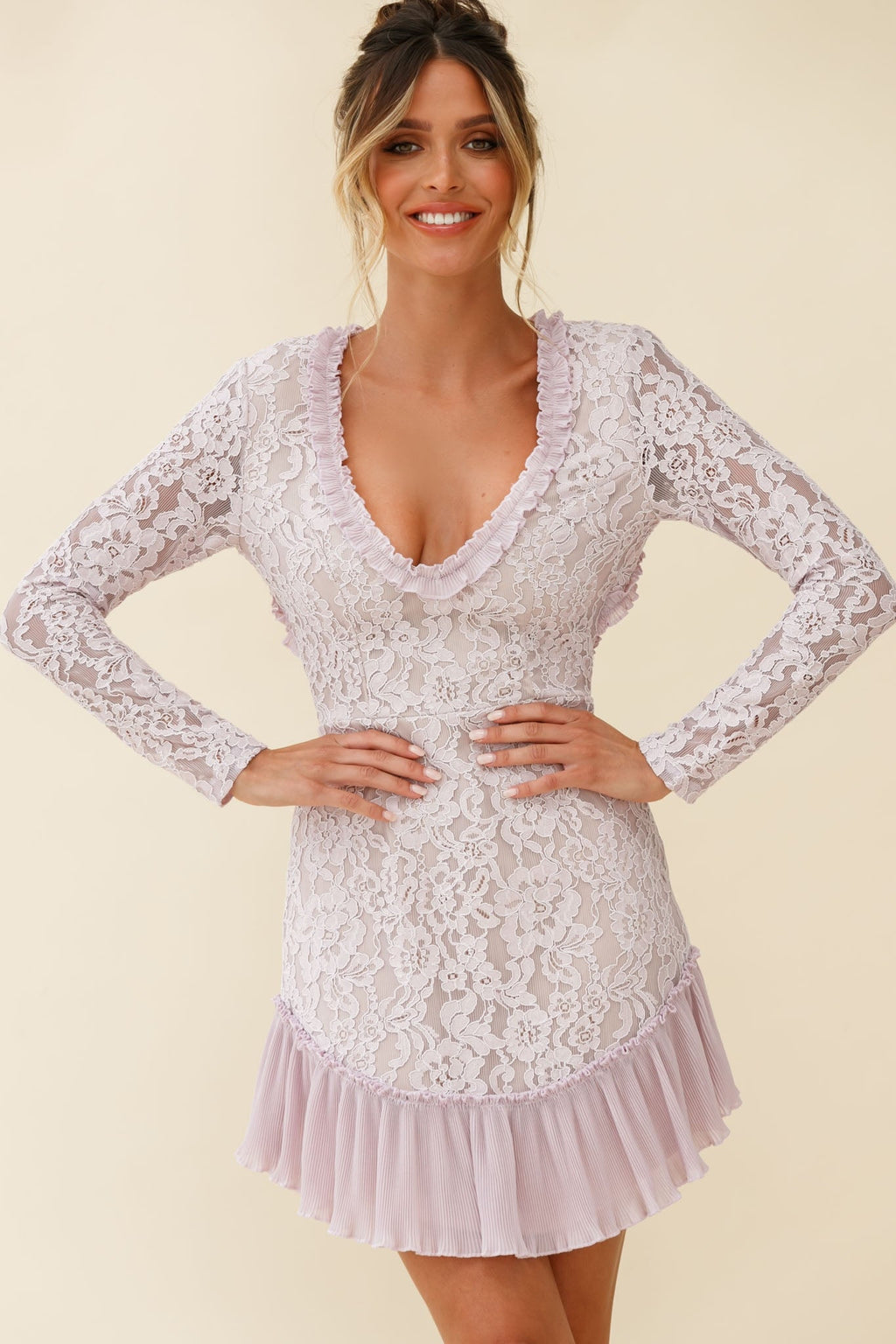 Isabella Long Sleeve Open Back Lace Dress Blush by Selfie Leslie