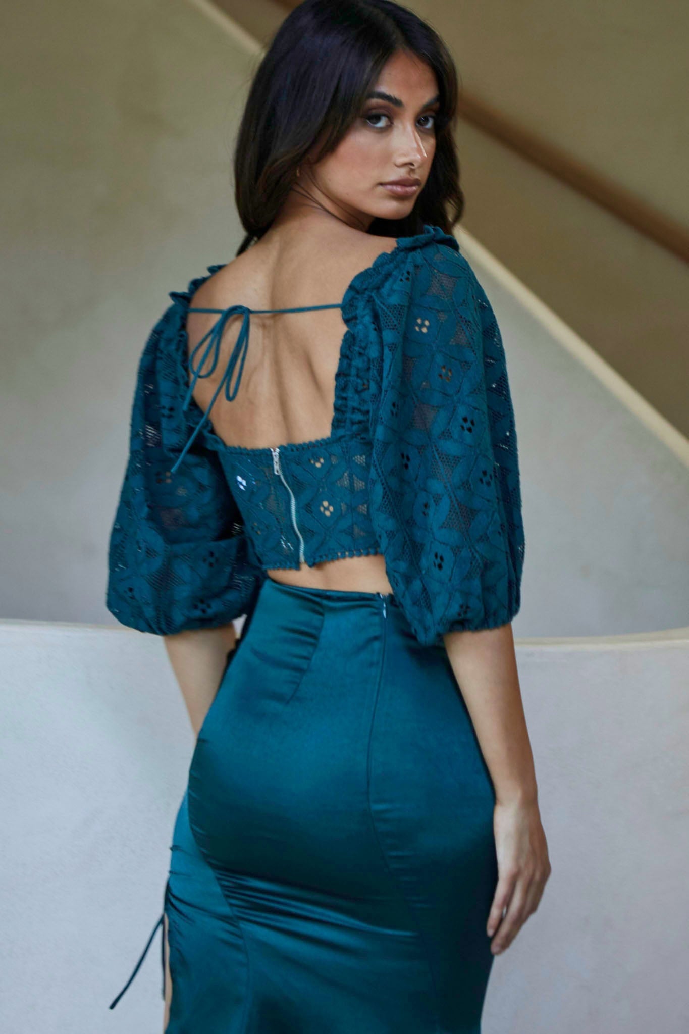 Talk About Me Puff Half Sleeve Circle Trim Crop Top Forest Green by Selfie Leslie