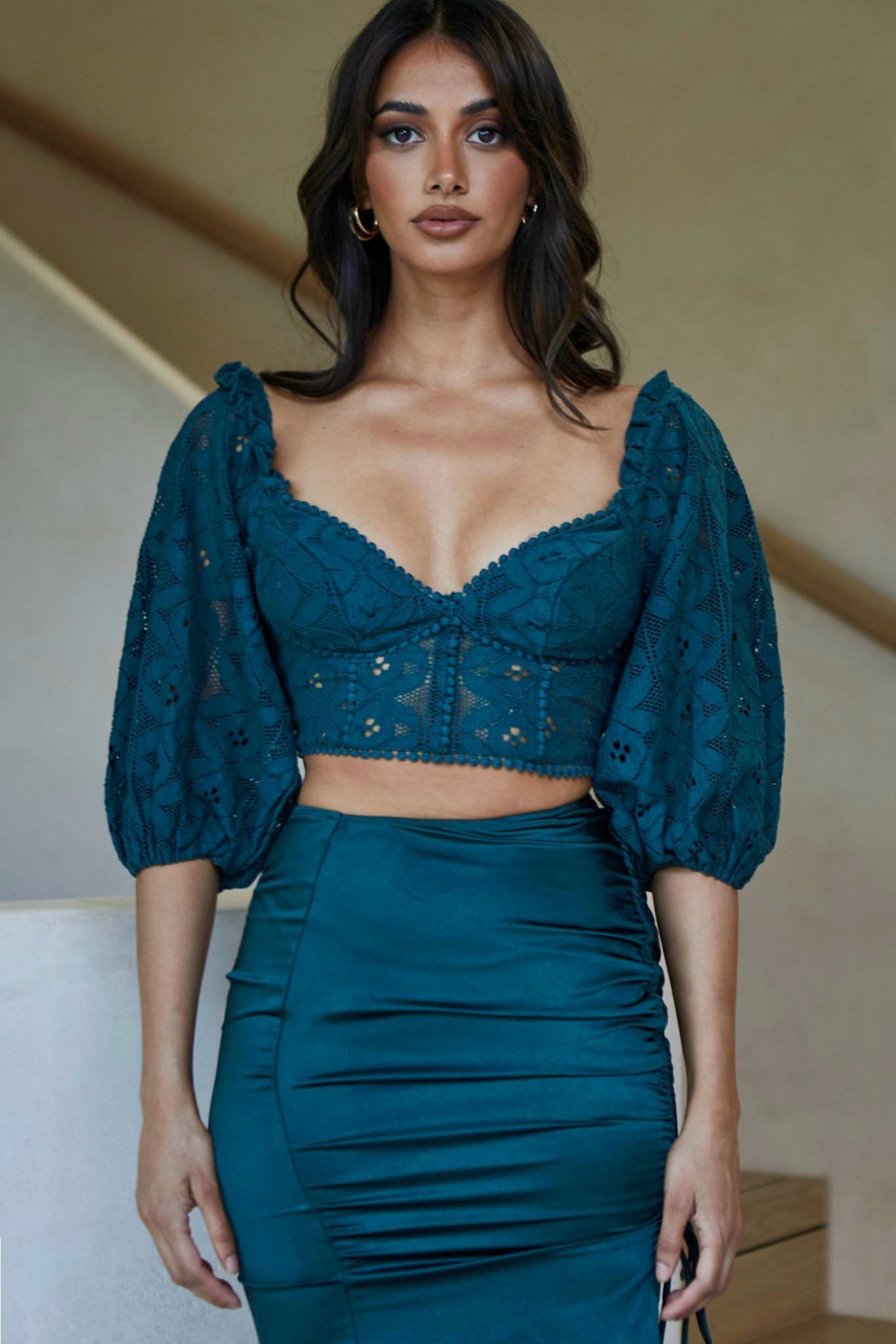 Talk About Me Puff Half Sleeve Circle Trim Crop Top Forest Green by Selfie Leslie