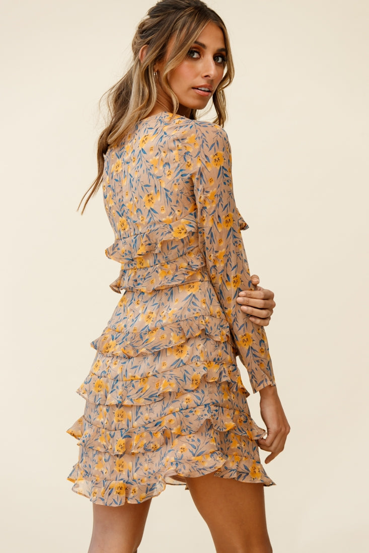 Charmaine Long Sleeve Tiered Frill Dress Floral Print Mocha by Selfie Leslie