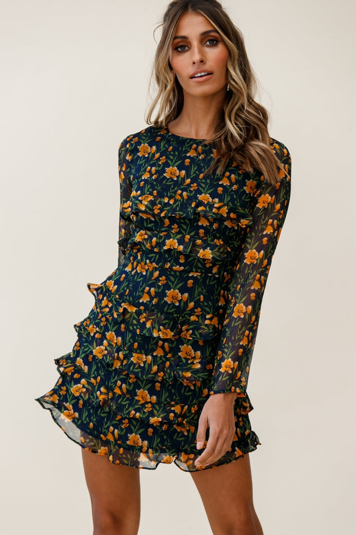 Charmaine Long Sleeve Tiered Frill Dress Floral Print Navy by Selfie Leslie