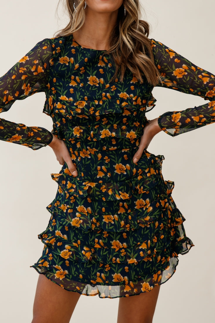 Charmaine Long Sleeve Tiered Frill Dress Floral Print Navy by Selfie Leslie