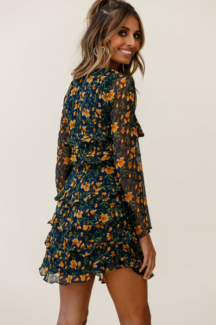 Charmaine Long Sleeve Tiered Frill Dress Floral Print Navy by Selfie Leslie