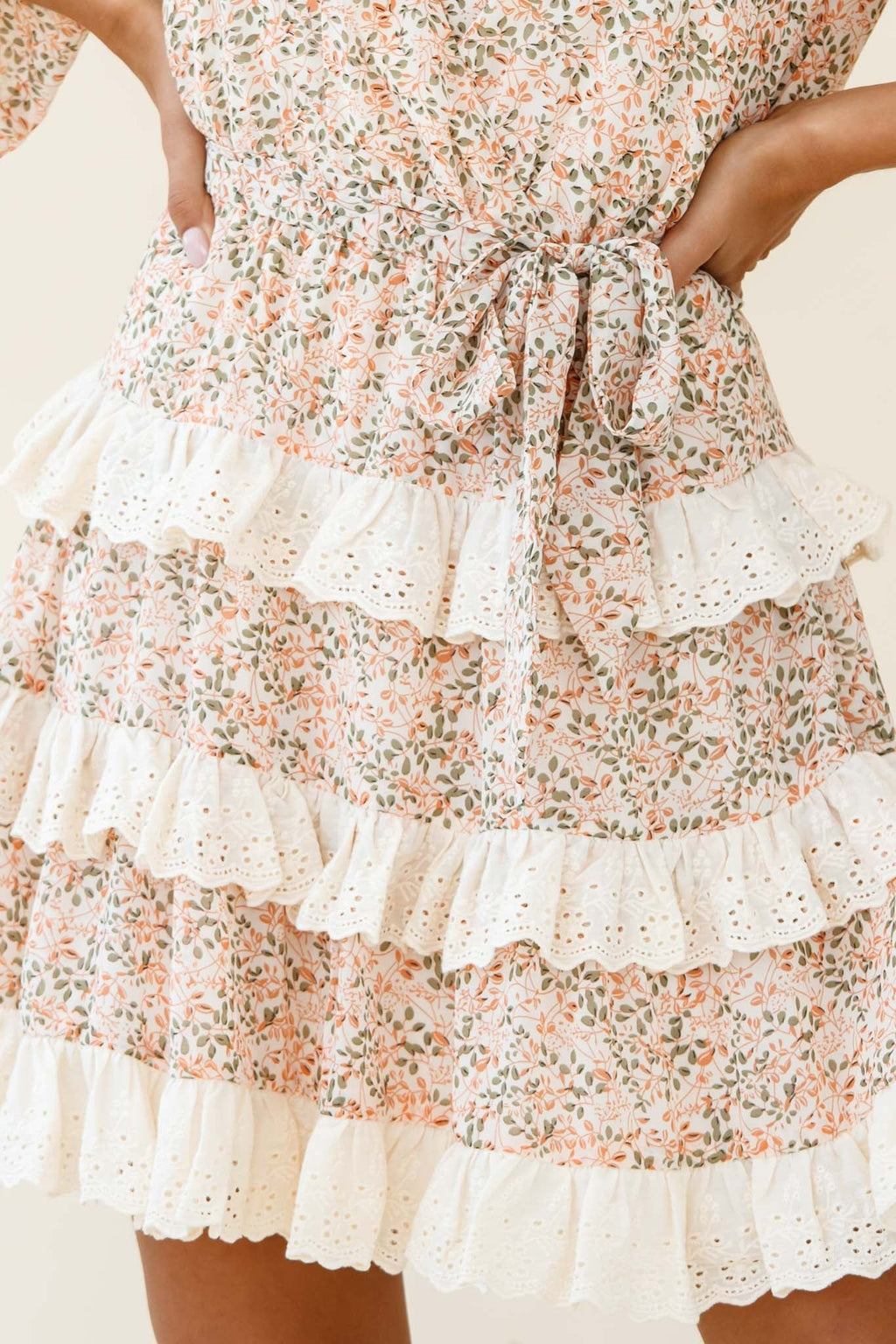 Tulsa 3/4 Sleeve Waist Tie Frill Dress Floral Print Nude by Selfie Leslie