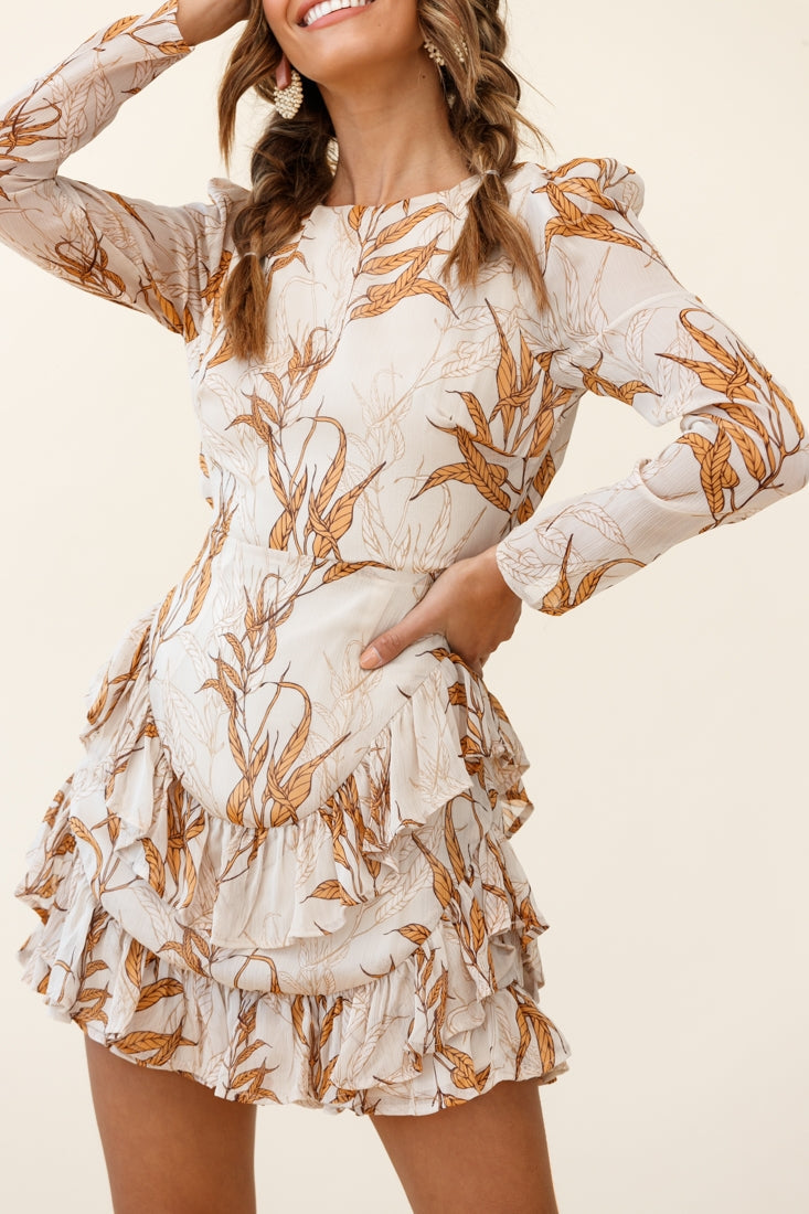 Liz Long Sleeve Double Ruffle Dress Leaf Print Beige by Selfie Leslie