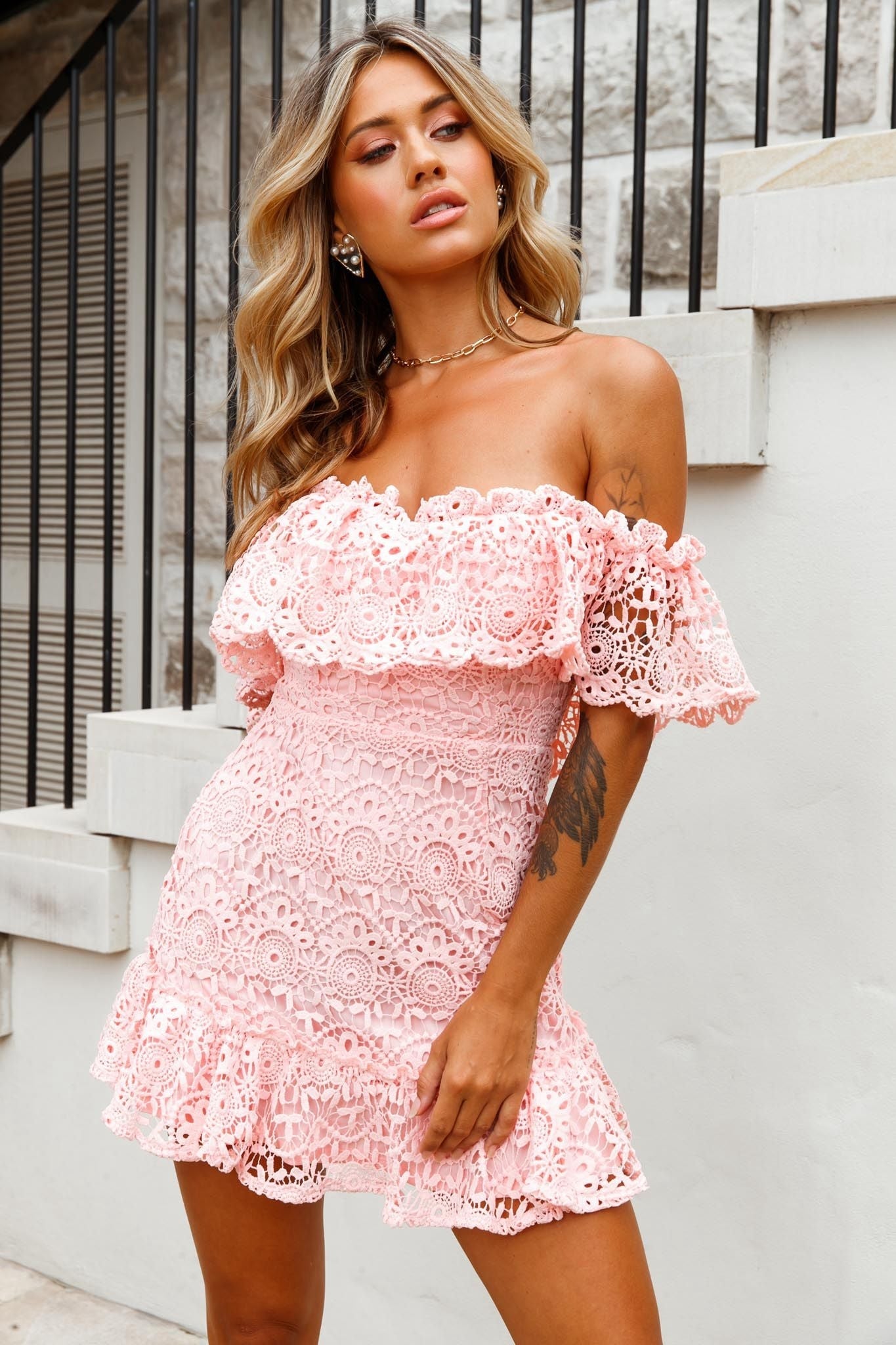 Mykonos Off-Shoulder Crochet Lace Dress Pink by Selfie Leslie