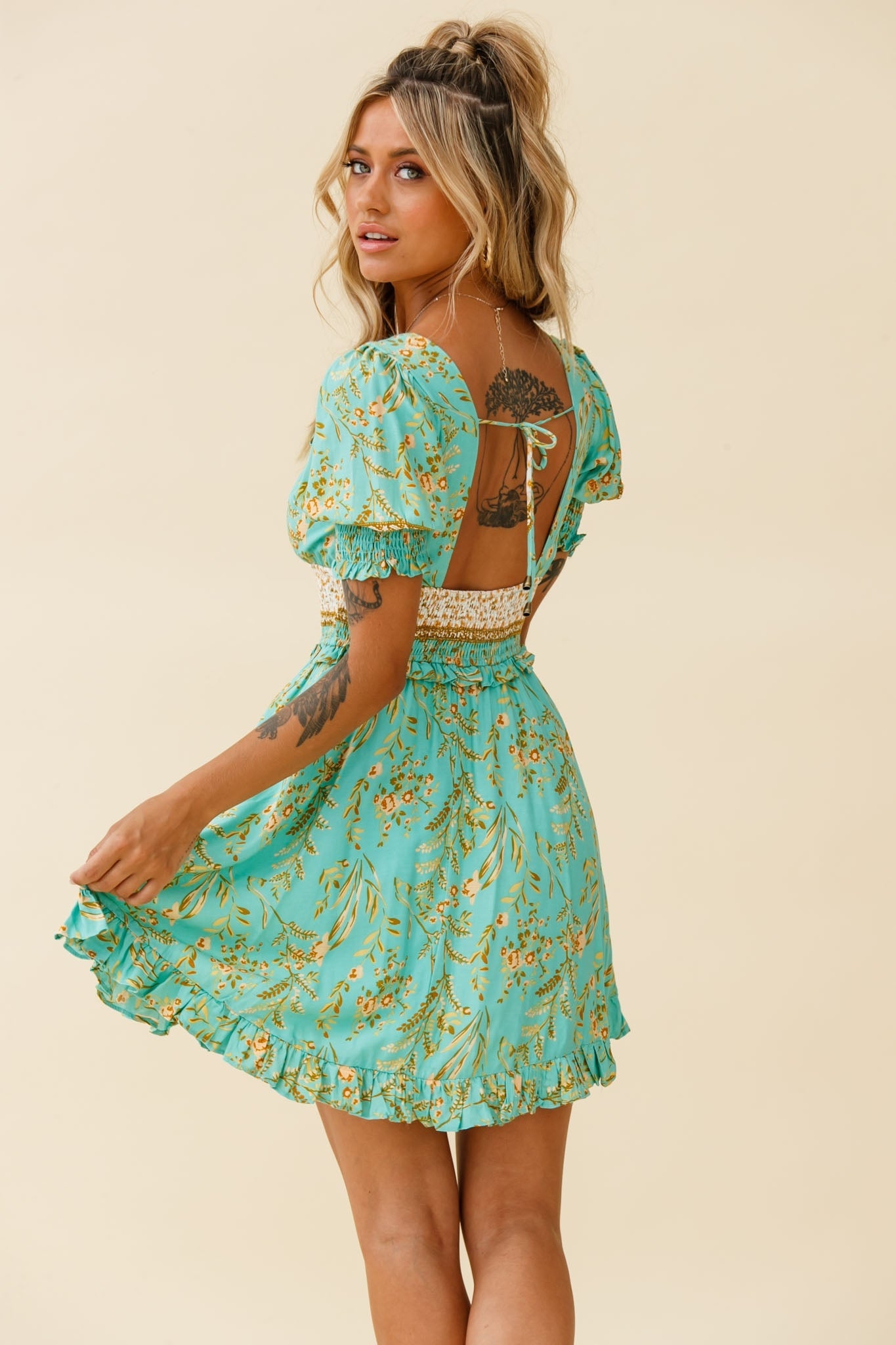 Summer In Paris Puff Sleeve Open Back Dress Botanical Print Mint by Selfie Leslie
