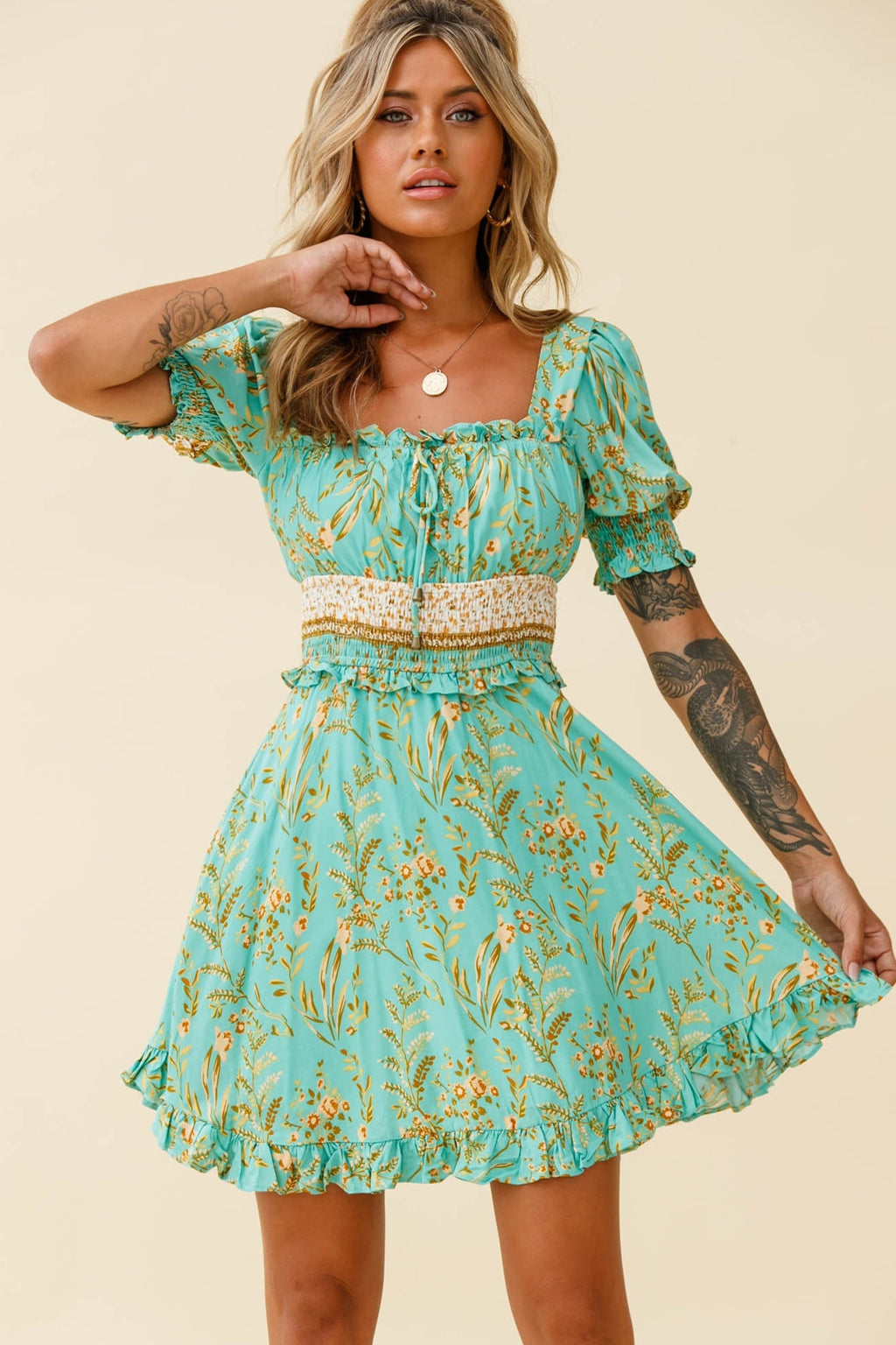 Summer In Paris Puff Sleeve Open Back Dress Botanical Print Mint by Selfie Leslie