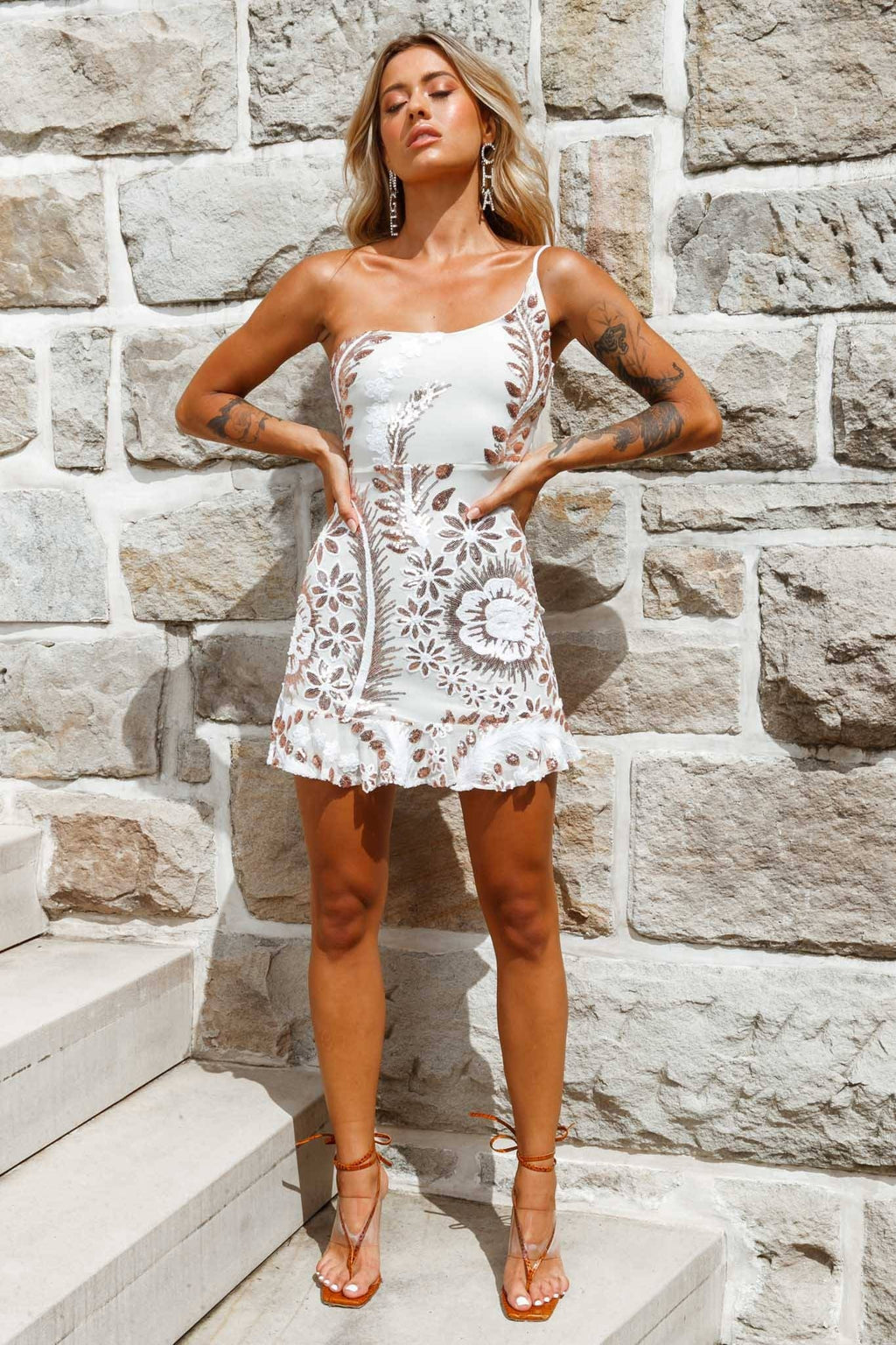 Don't Wait Up One Shoulder Sequin Dress White/Gold by Selfie Leslie