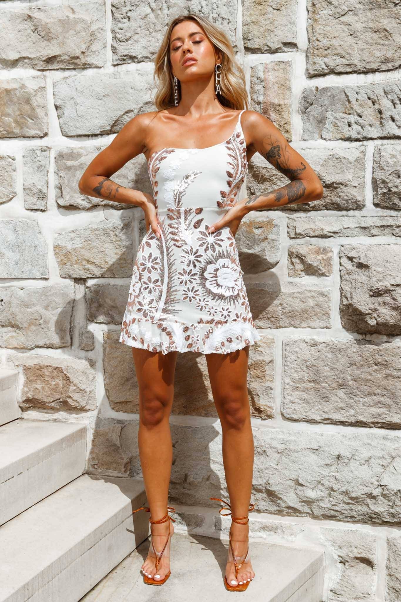 Don't Wait Up One Shoulder Sequin Dress White/Gold by Selfie Leslie