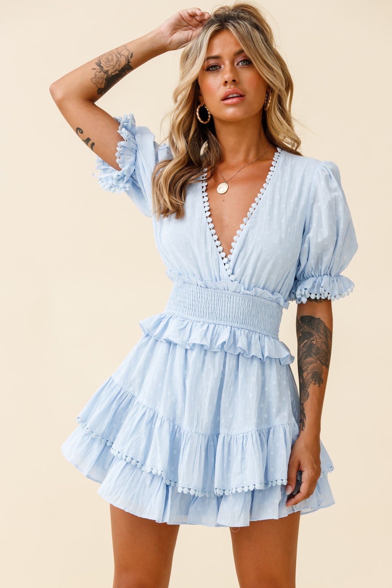 Nerissa Puff Sleeve Shirred Waist Dress Spotty Blue by Selfie Leslie