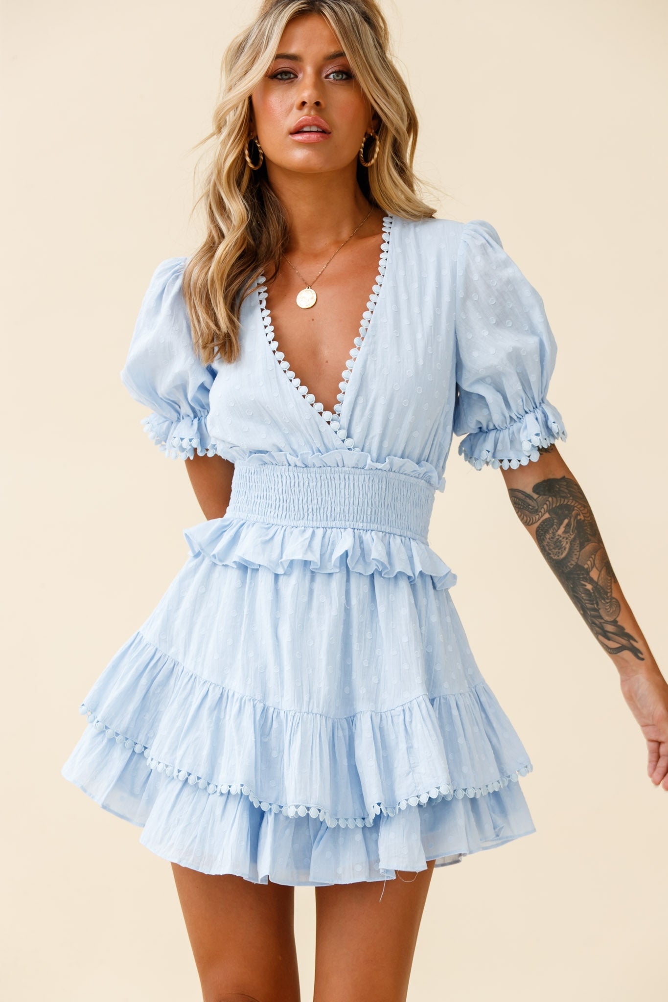 Nerissa Puff Sleeve Shirred Waist Dress Spotty Blue by Selfie Leslie