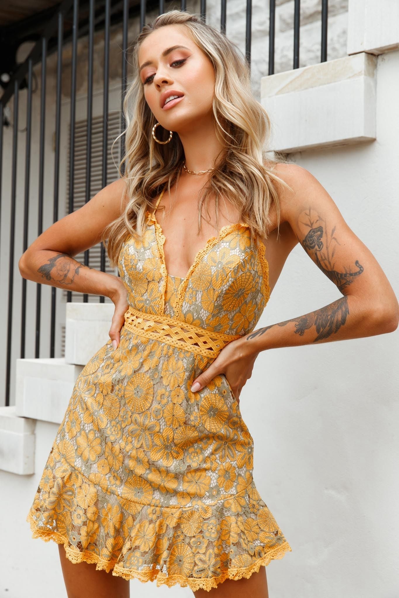 Illona Lace Overlay Criss-Cross Back Dress Mustard/Olive by Selfie Leslie