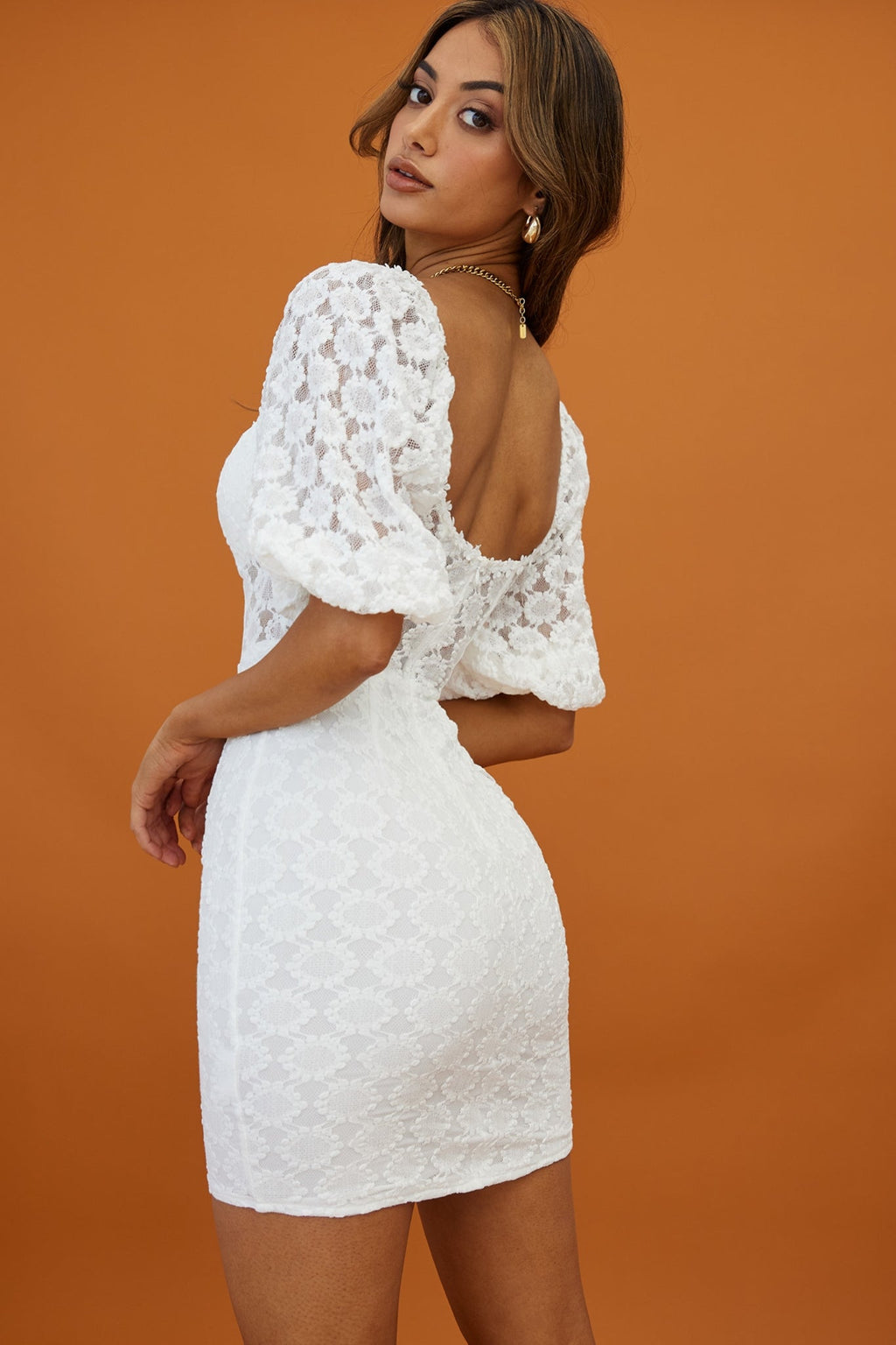 Secret Crush Puff Sleeve Floral Lace Bodycon Dress White by Selfie Leslie