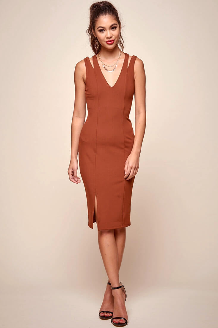 Pope Double Strap Bodycon Midi Dress Brown by Selfie Leslie