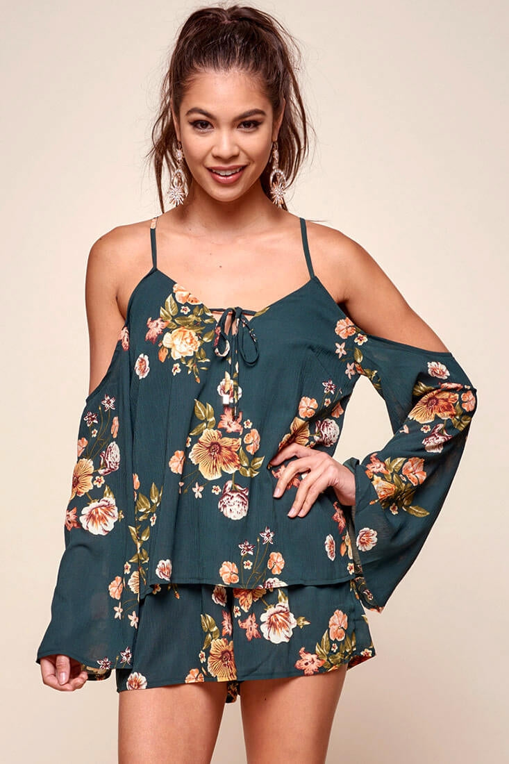 Ashanti Off the Shoulder Layered Floral Romper Khaki by Selfie Leslie