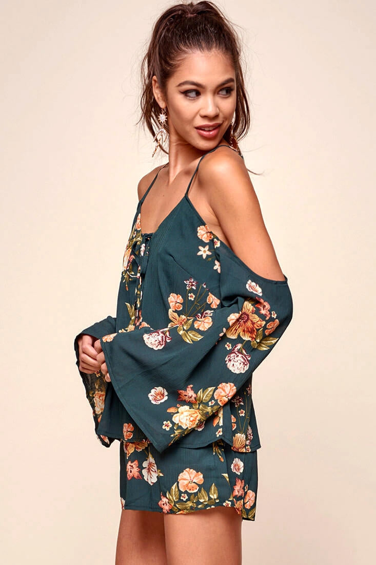 Ashanti Off the Shoulder Layered Floral Romper Khaki by Selfie Leslie