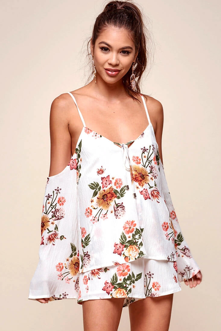 Ashanti Off the Shoulder Layered Floral Romper White by Selfie Leslie