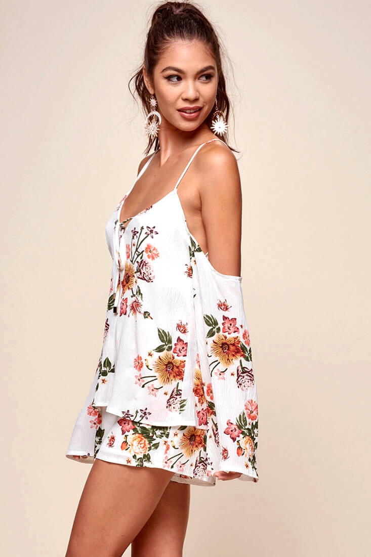 Ashanti Off the Shoulder Layered Floral Romper White by Selfie Leslie